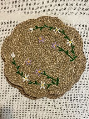 Set of 4 Woven Straw Placemats with Embroidered White & Lavender Flowers